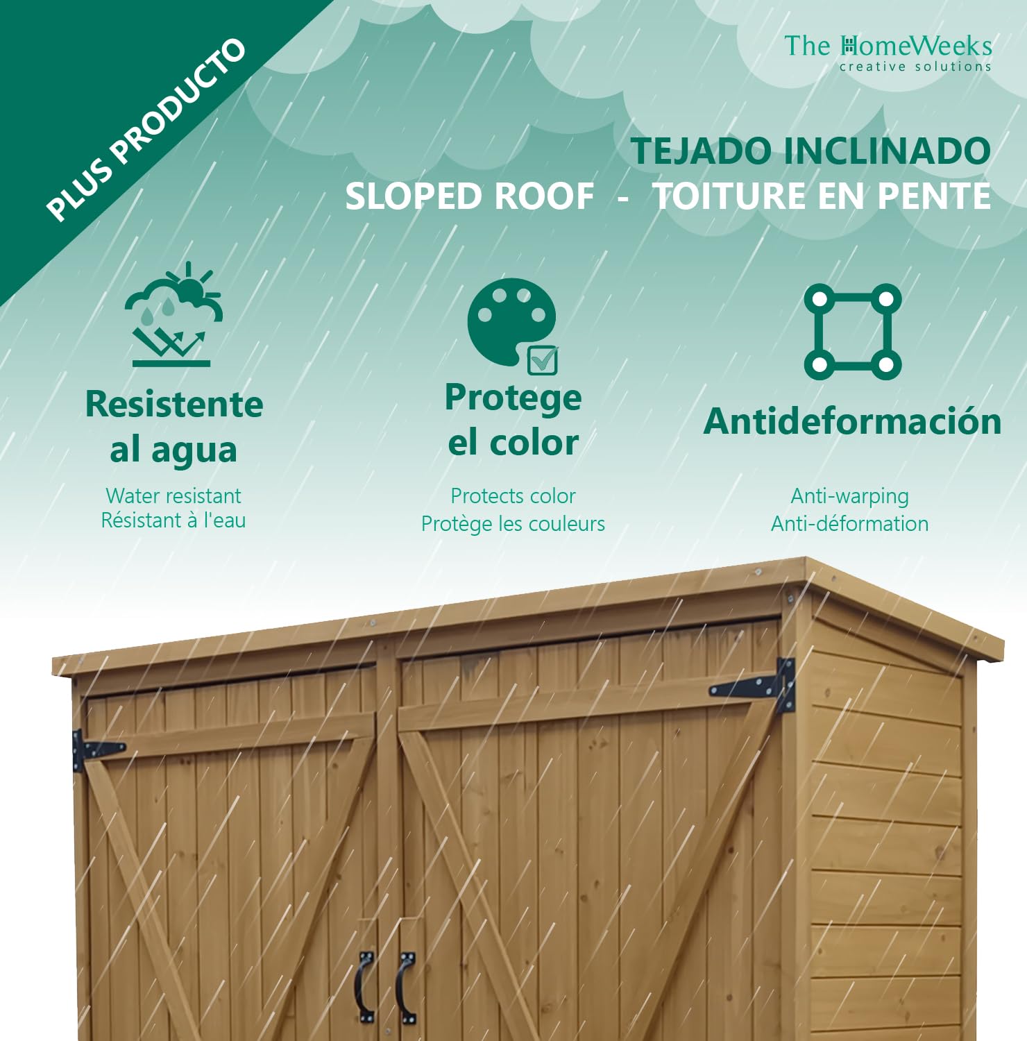 The Homeweeks Cobertizo Armario Jardín ISABA | Madera Tratada Maciza | 135 * 50 * 152cm. | Armario Multiusos Impermeable | Almacenamiento |Doble Puerta con Cerrojo | Cubierta Asfálto Impermeable
