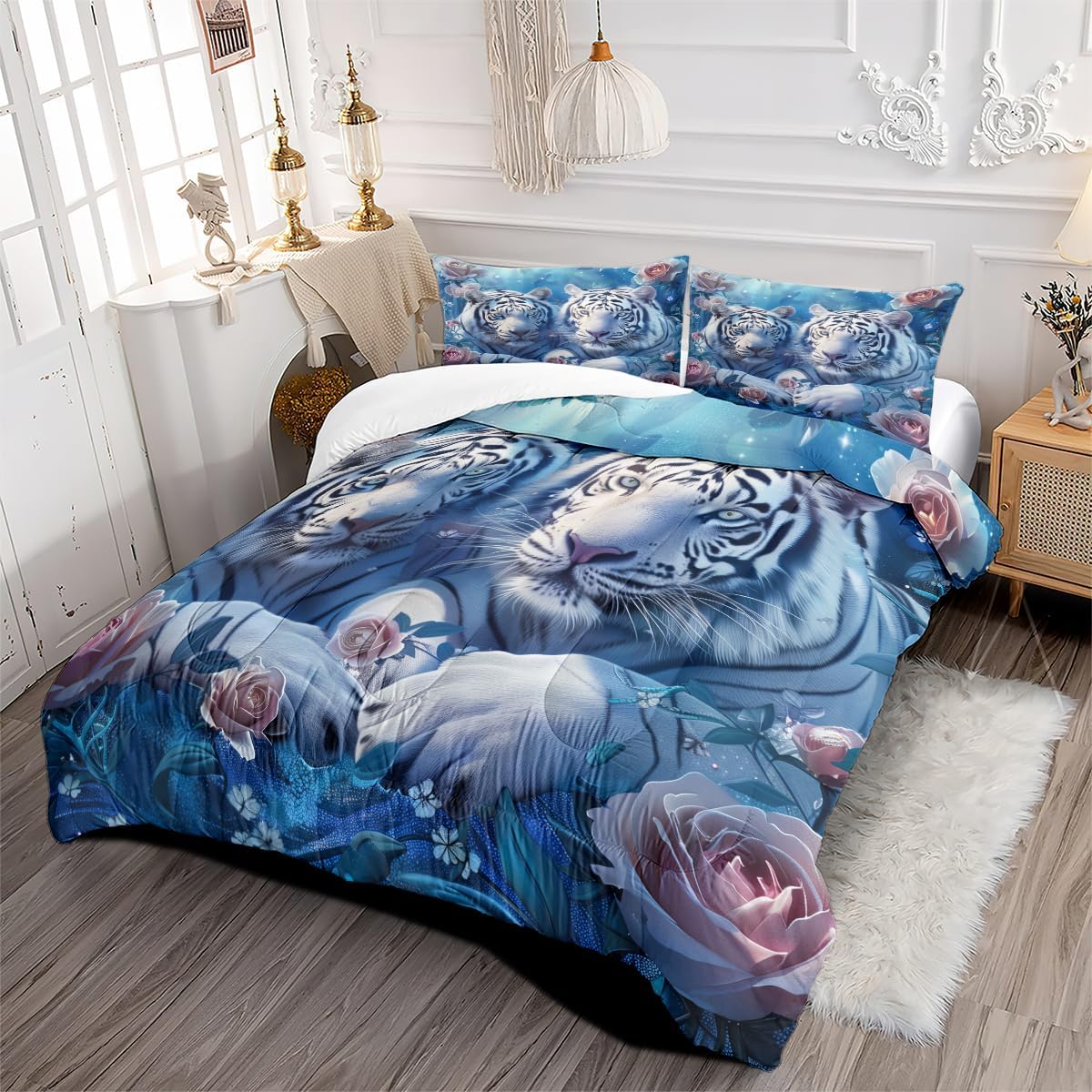 Comforter Set Queen Size Blue White Tiger Rose Comforter Set Comforter Sets Kids Adult Bedroom Quilt Set with Pillowcases