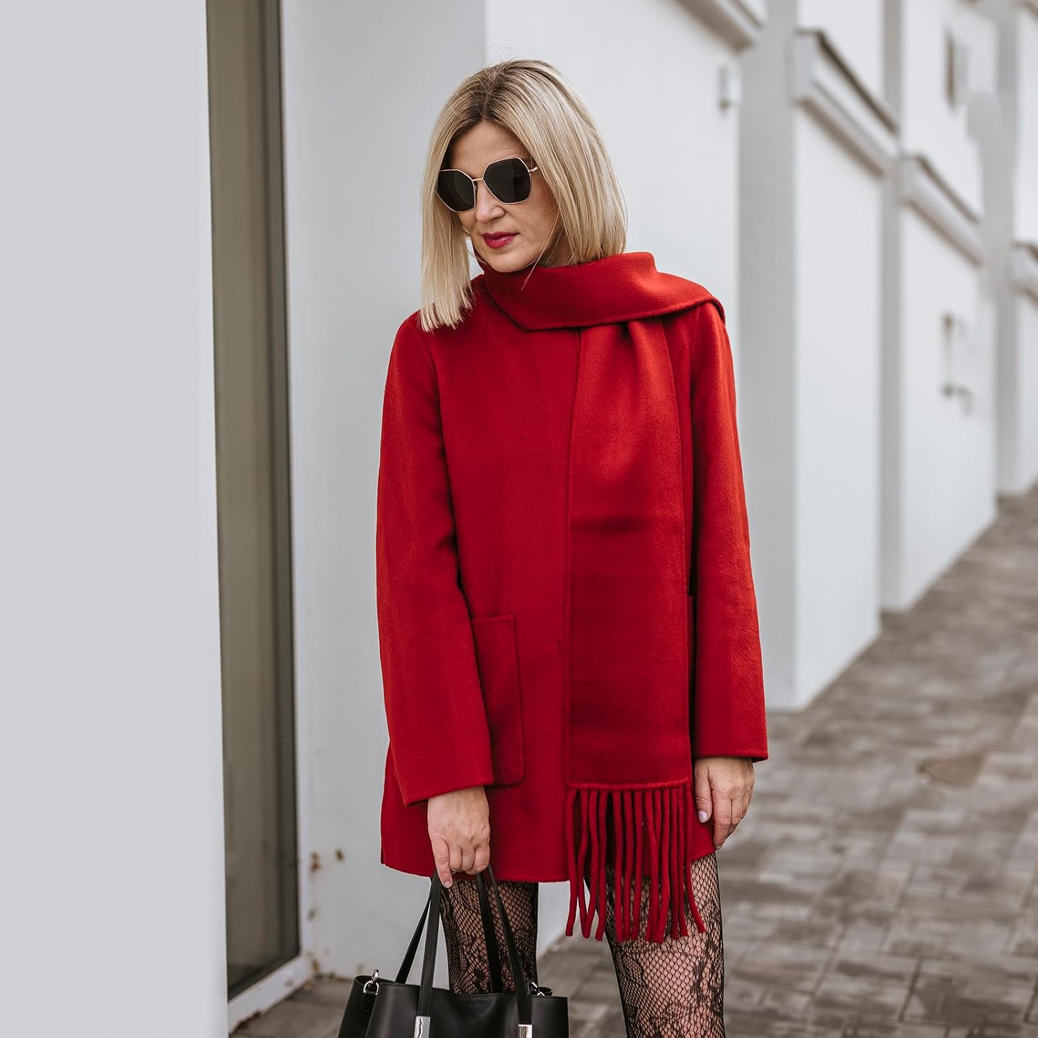 GOELIA Women's Coats Wool Blend Coat Women Red Double-Faced With Detachable Collar Or Fringe Scarf Christmas Winter Outerwear