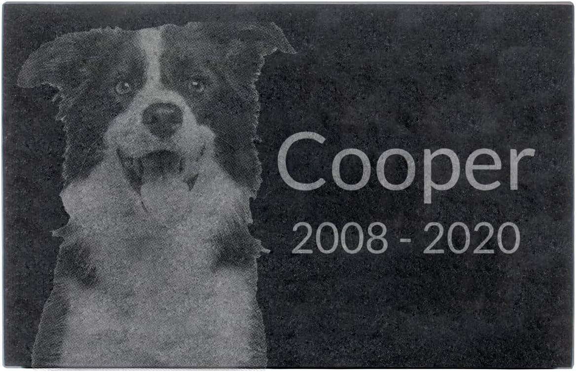 Black Granite Memorial Headstone for Lost Loved Ones, Dogs, Cats, and Family Pets. " Great for Your Garden, Tree Dedication, or in a Cemetery. Includes your personal photo and text. (14 x 9 x 2")
