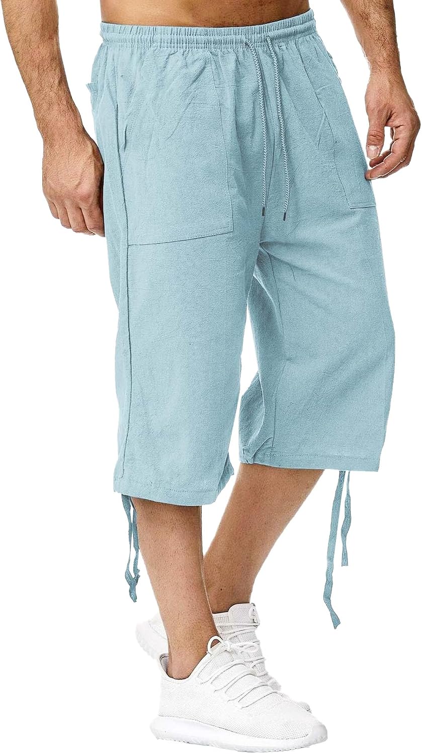 Maiyifu-GJ Men's Cotton Linen 3/4 Long Shorts Elastic Waist Drawstring Beach Shorts Summer Casual Below Knee Short Pants