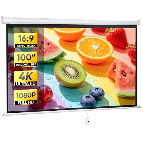 ZENY Manual Pull Down Projector Screen, 100 Inch 16:9 White | HD 4K Supported, Retractable Ceiling & Wall Mount Screen, Indoor & Outdoor Home Theater Movie Projection Screen