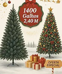 Árvore Natal Pinheiro Verde 2,40m 1400 Galhos Base Ferro Retrátil Reforçada PVC Realista Alta Densidade Decoração Residencial Comercial Montagem Fácil Volumosa Artificial 240cm