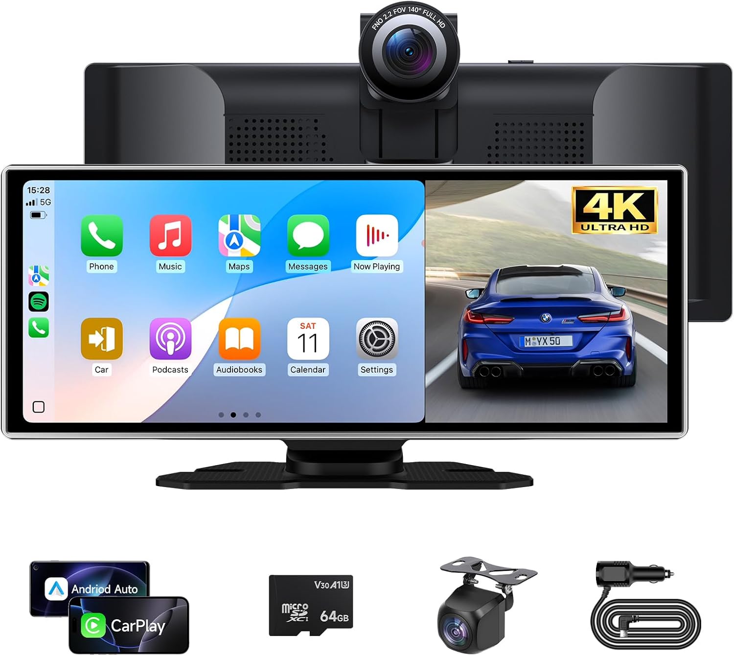 11.26'' Portable Carplay Screen for Car with 4K Dash Cam & 1080P Backup Camera, Wireless A-pple Carplay & Android Auto in Cell Touchscreen Bluetooth Smart Car Screen, Navigation/Mirror Link/Siri/FM
