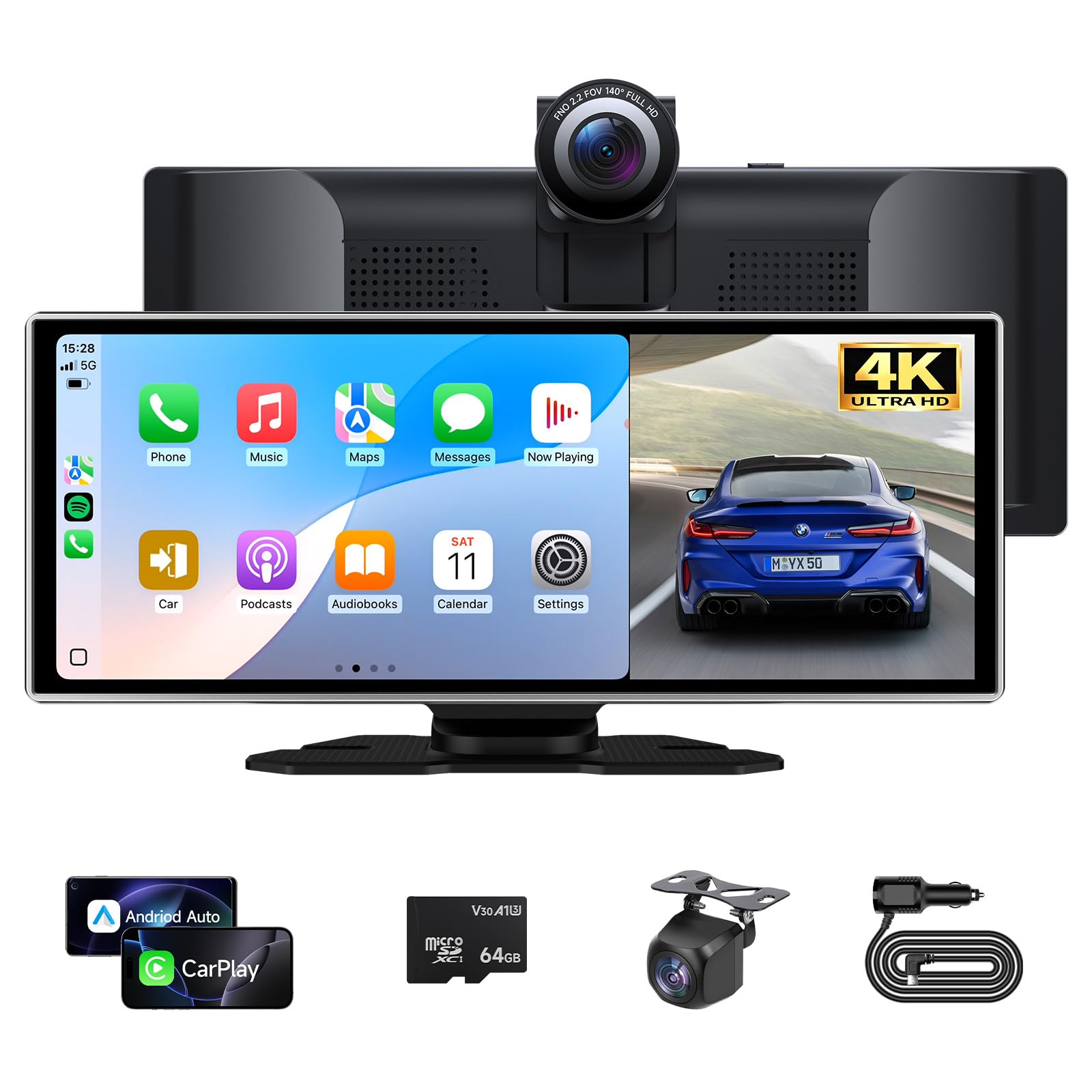 Photo 1 of 11.26'' Portable Carplay Screen for Car with 4K Dash Cam & 1080P Backup Camera, Wireless A-pple Carplay & Android Auto in Cell Touchscreen Bluetooth Smart Car Screen, Navigation/Mirror Link/Siri/FM