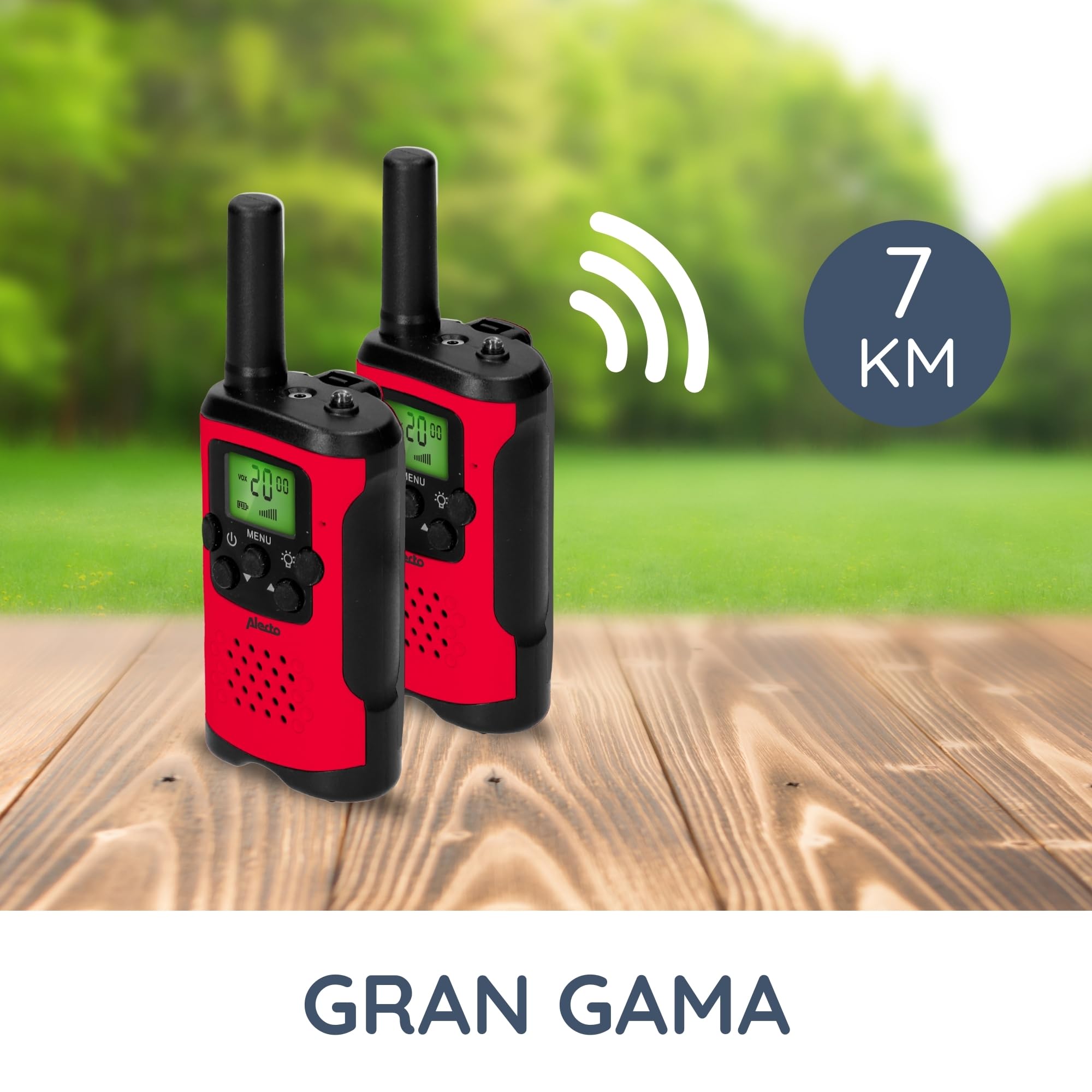 Alecto FR-115RD - Set de Dos Walkie Talkies para niños - Walki Talki con Alcance de hasta 7 kilómetros - Walky Talky 8 Canales - Linterna integrada - Pantalla iluminada - Rojo