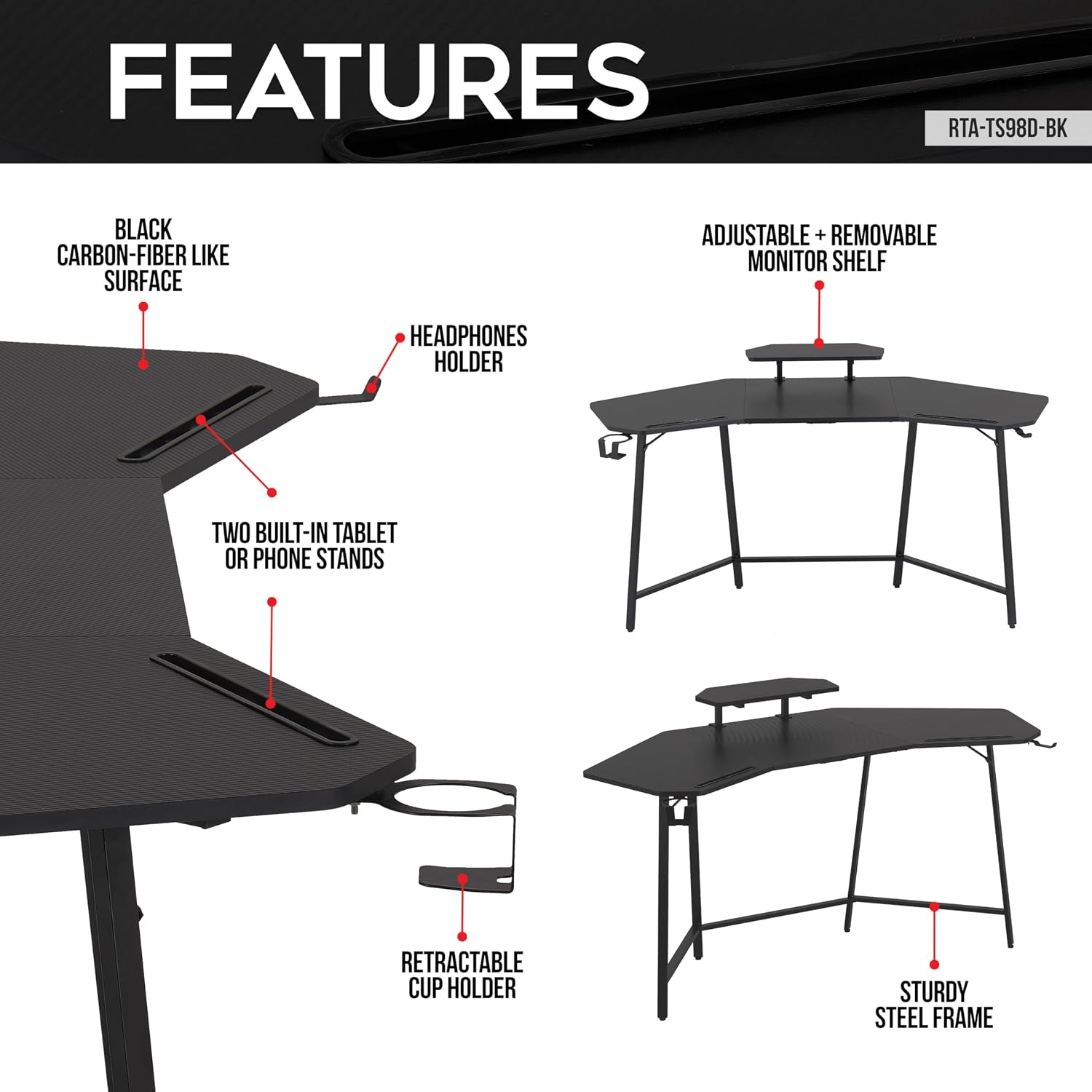 Techni Sport 63" Gaming Desk with Monitor Shelf, Headset Holders, Black | Black gaming desk, monitor shelf, cup holder, headset hook, gamer workstation, PC desk, home office setup, ergonomic