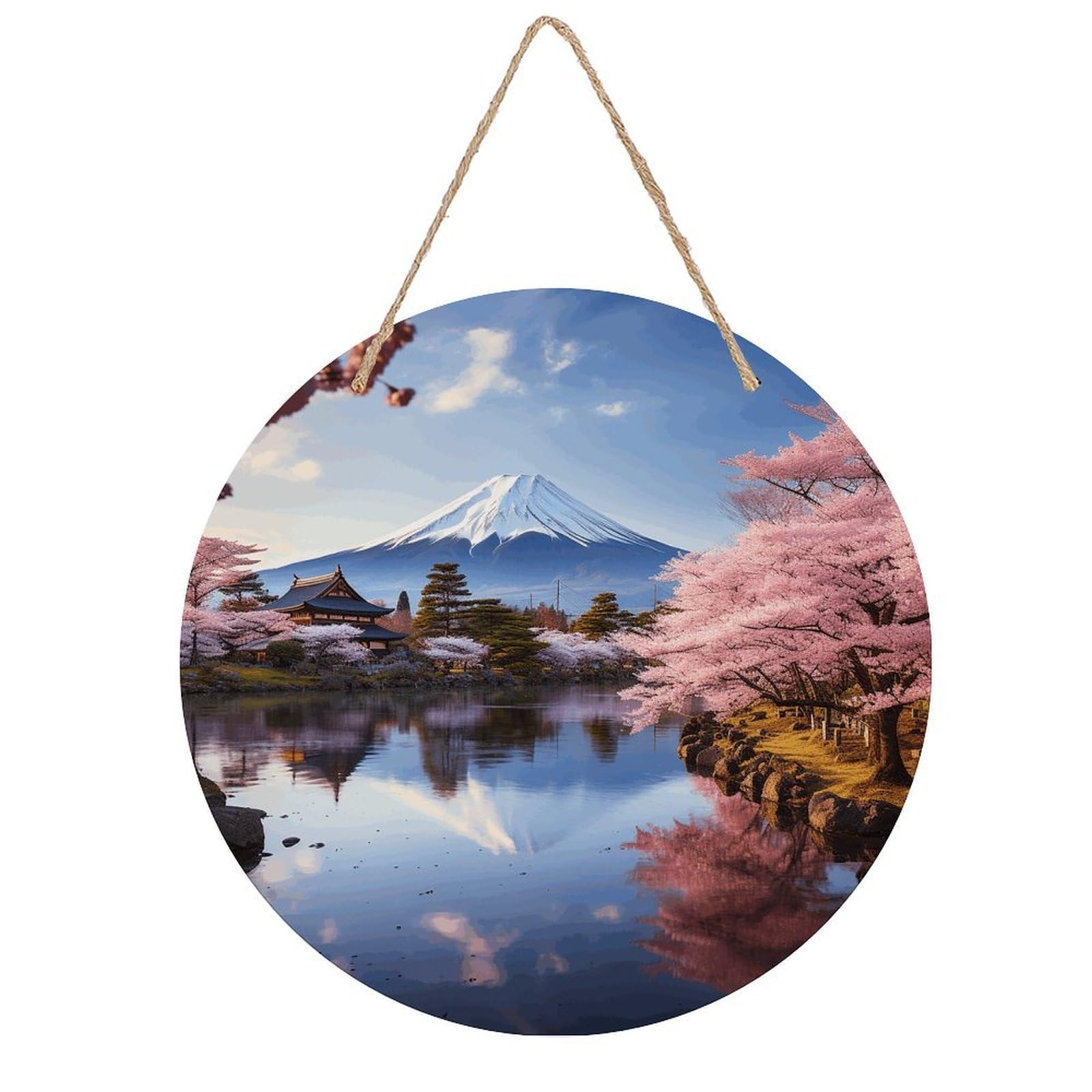 VstaDank Mount Fuji Cherry Blossom Trees Wooden Wall Art Decor Round Wood Plaque Wooden Door Hanger Sign with Hole And Hanger Rope Trend Wood Decorative Paintings for Home Outdoor Indoor 7.87 Inch