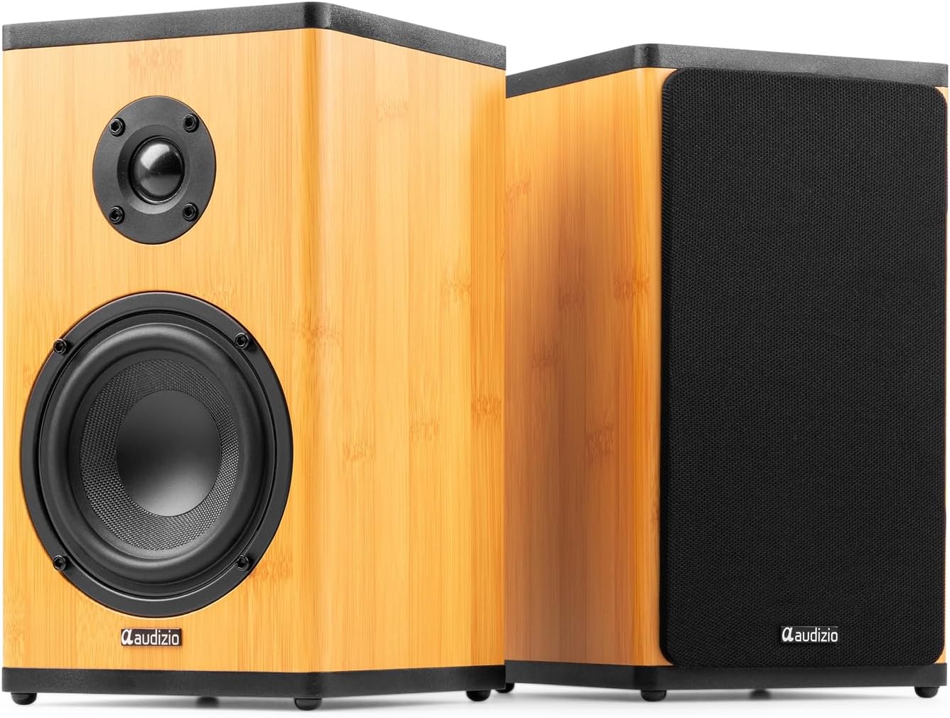 BS20 Wireless Active Bluetooth Bookshelf Speaker Set in Bamboo, True Stereo Hifi Sound, Home Audio, Battery Powered, 100W Max, Bluetooth 5.4, AUX Input, Sleek Compact Design