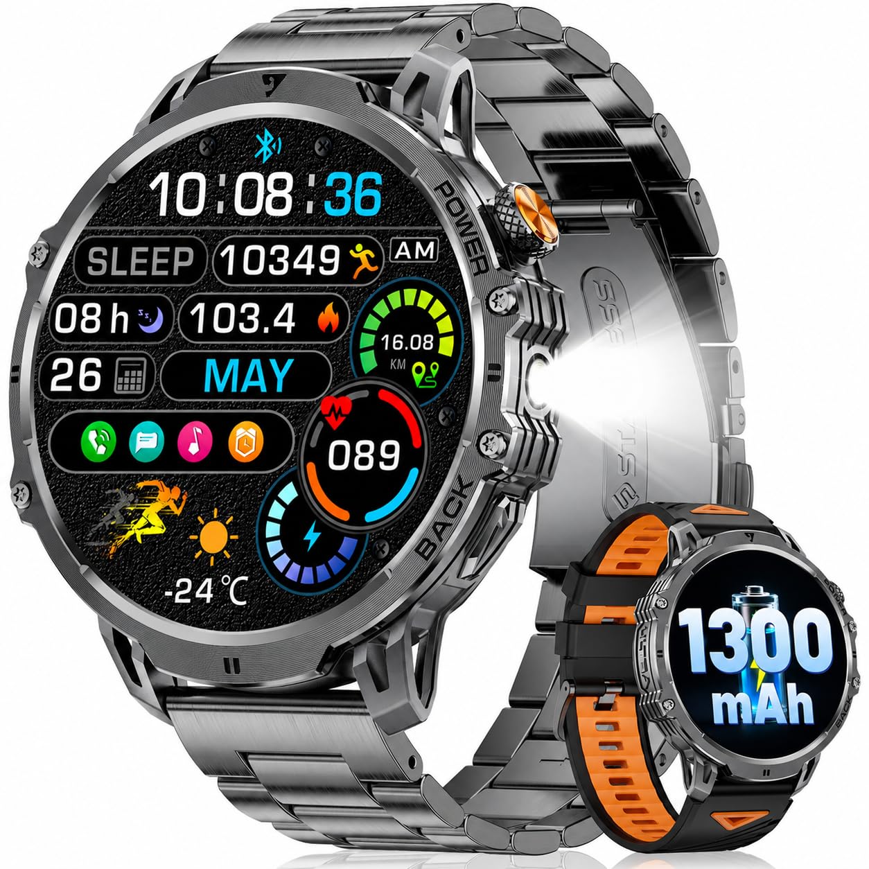 LIGE Montre Connectée Homme avec 1300mAh/1,85'' HD Grand Écran/LED Lampe,Smartwatch Homme avec Moniteur de Fréquence Cardiaque et Sommeil/110+ Modes Sportifs,IP68 Étanche Android iOS,Noir Mat