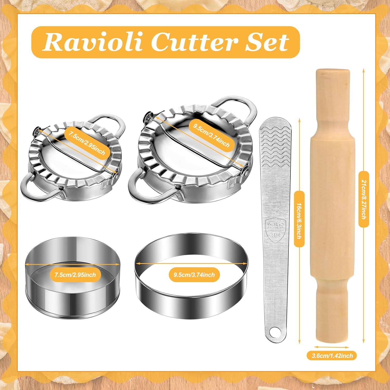 Baderke 12Pcs Pasta Maker Tools Ravioli Making Kit Include 5 Ravioli Stamp Maker Cutter with Roller Wheel 1 Wooden Rolling Pin 1 Press Mold 5 Stainless Steel Dumpling Molds for Kitchen Homemade Kit
