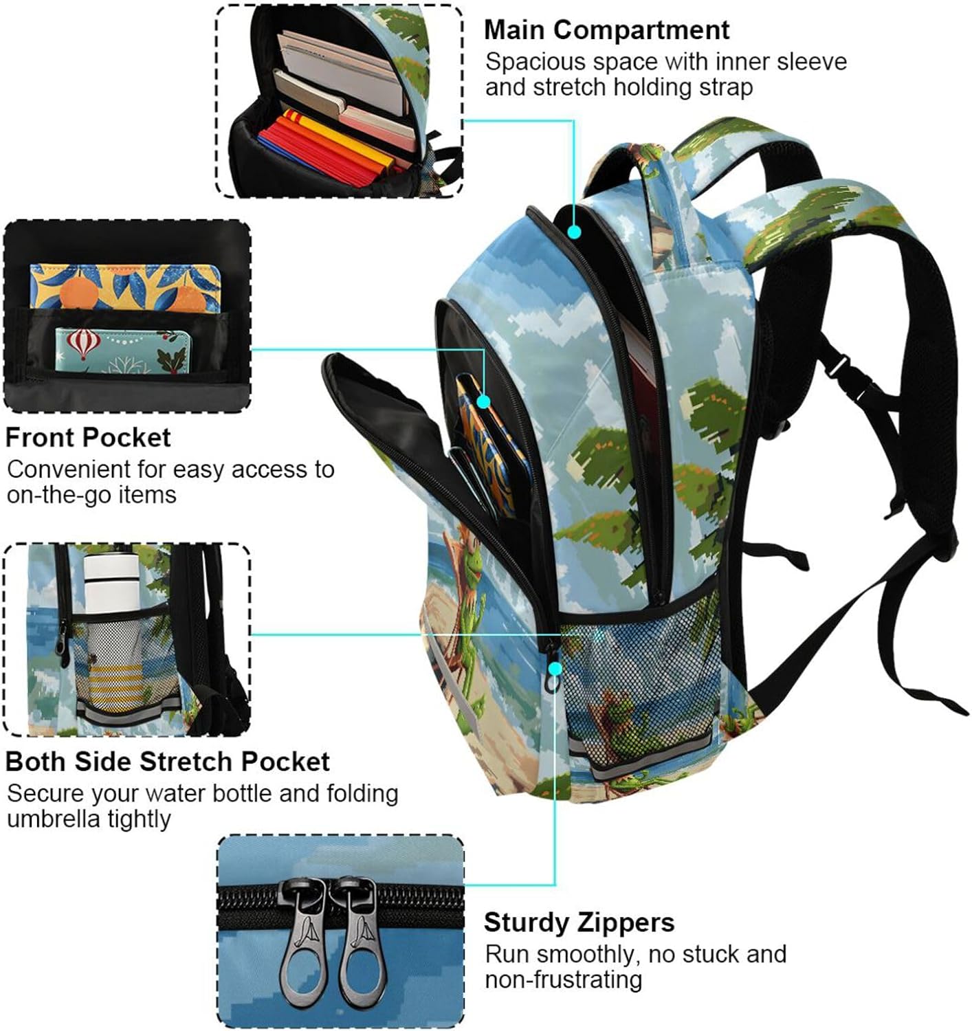 ALAZA Frog Relaxing on The Beach Backpacks Travel Laptop Daypack School Book Bag for Men Women Teens Kids