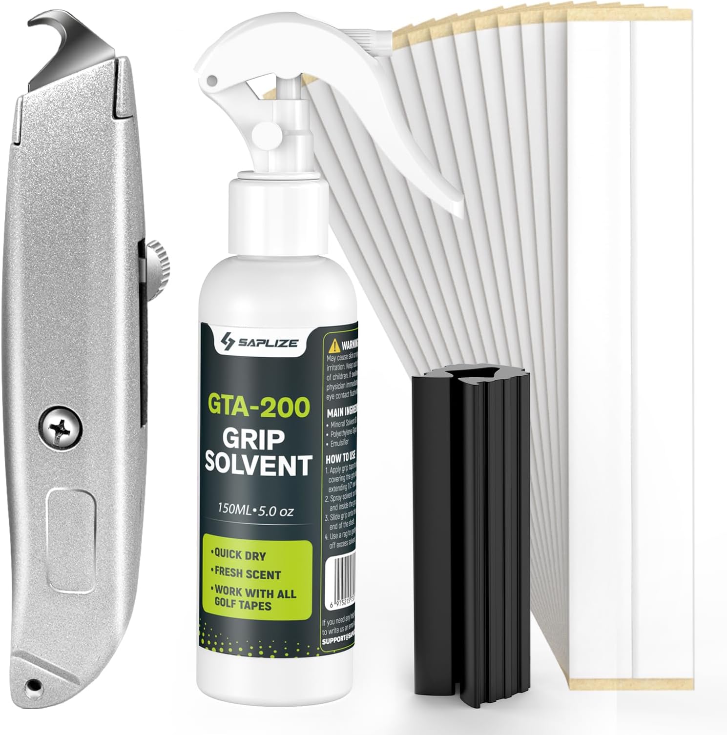 SAPLIZE Pro Golf Grip Repair Kit – Includes 7.1oz Golf Grip Solvent, 20 Golf Grip Tape,Retractable Hook Blade and Rubber Vise Clamp for Regripping Golf Club Grips