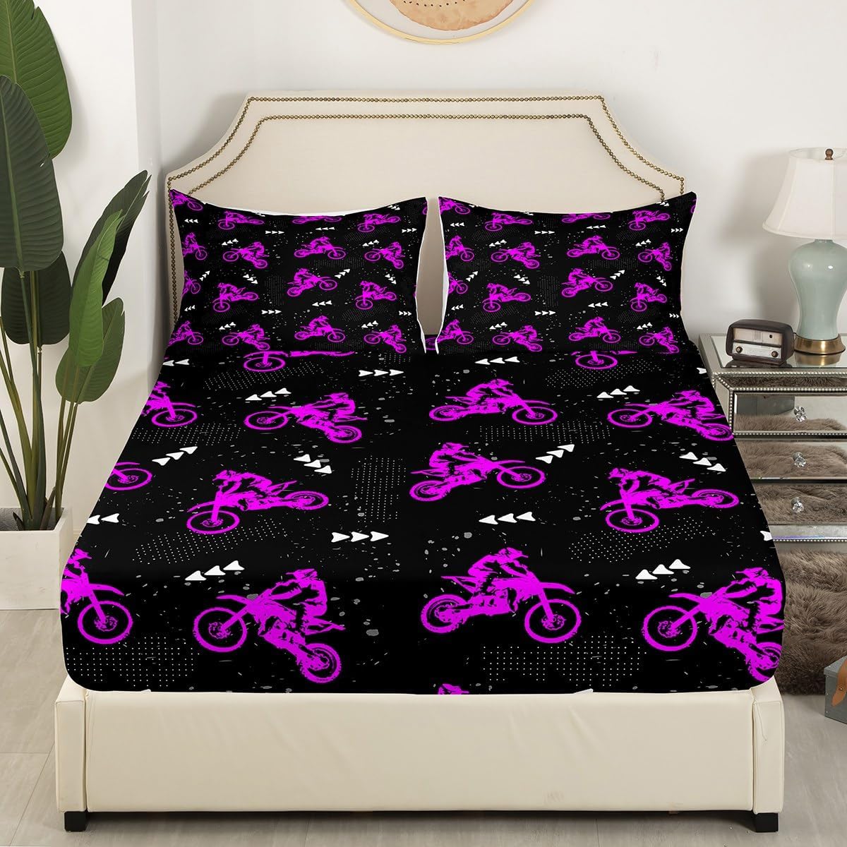 Feelyou Purple Black Dirt Bike Bed Sheet Set Full, Racing Motocross Rider Fitted Sheet for Kids Extreme Sports Bedding Set Kids Toddler Motorcycle Bed Cover (2 Pillow Cases and a Fitted Sheet)