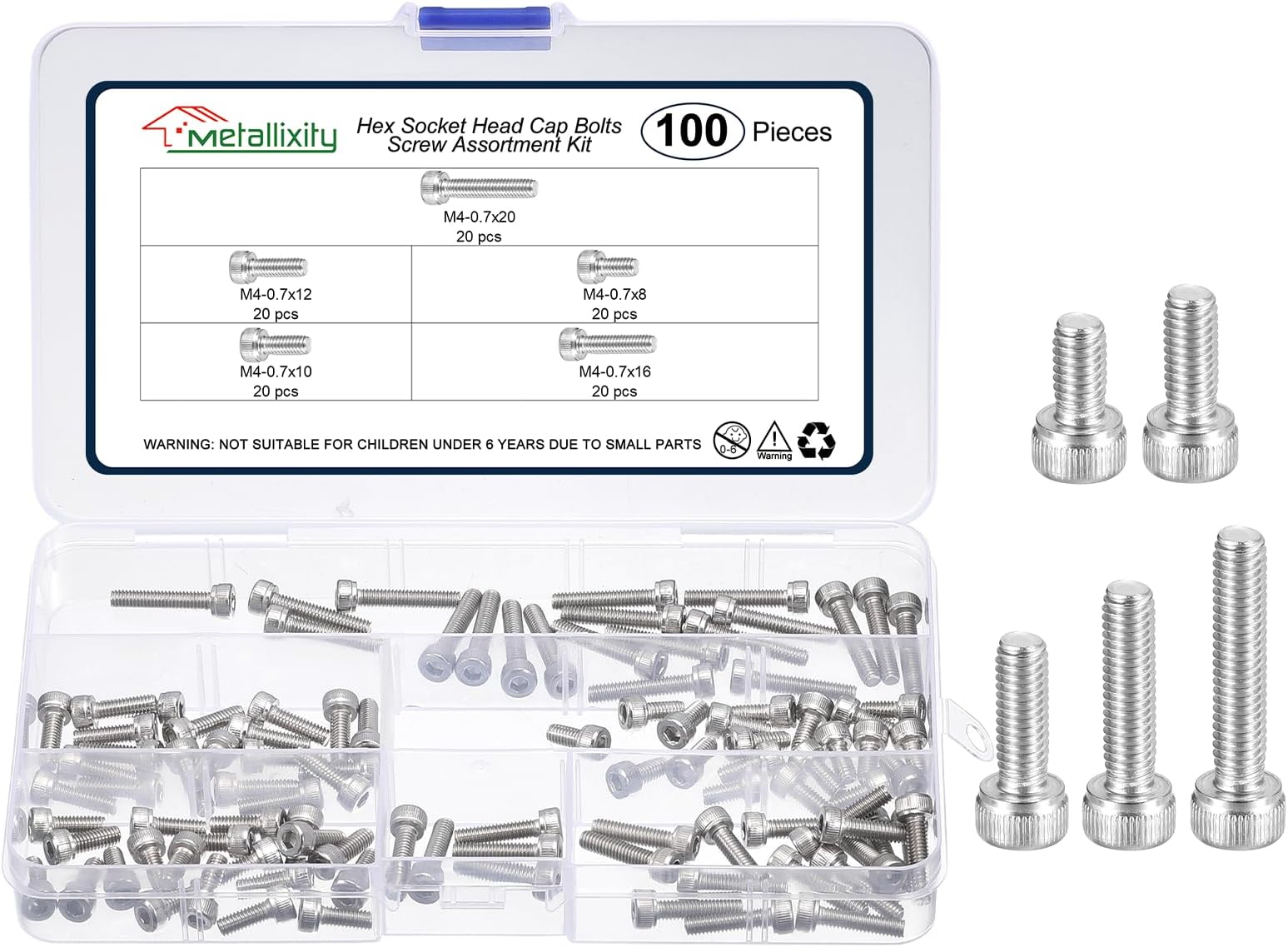 – Socket Head Cap Screws Kit (M4x8/10/12/16/20) 100Pcs, Stainless Steel Allen Socket Drive - Machine Internal Hex Screw, Silver