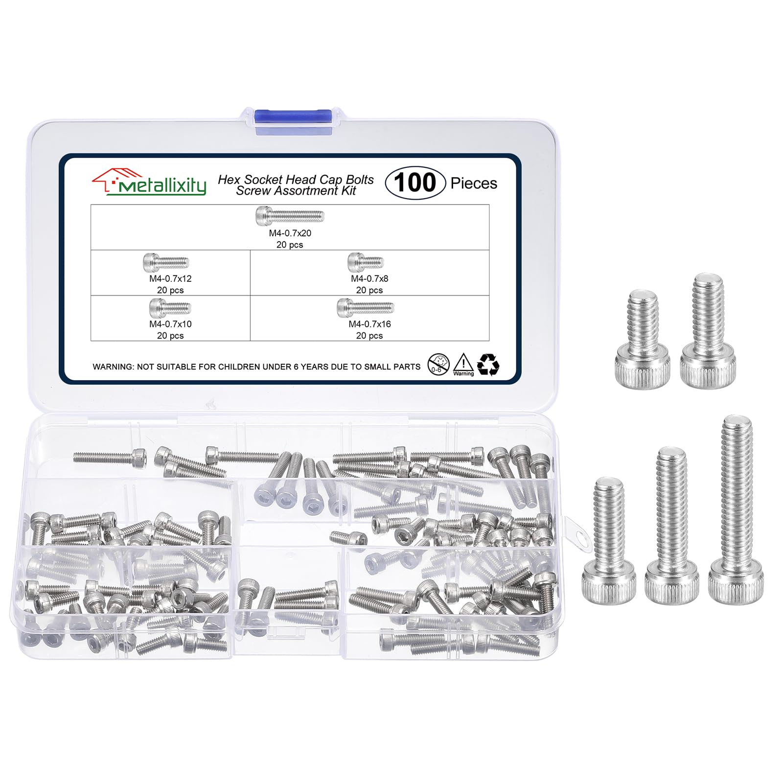– Socket Head Cap Screws Kit (M4x8/10/12/16/20) 100Pcs, Stainless Steel Allen Socket Drive - Machine Internal Hex Screw, Silver