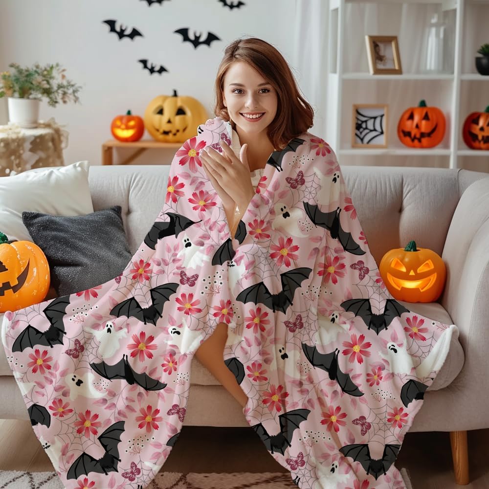 Bat Floral Halloween Blanket Gifts Flannel Lightweight Soft Cozy Halloween Cute Ghosts Bats Pink Blankets Throws Bedding Couch Sofa Bedroom Travel Girls Boys 40"x50" for Kid