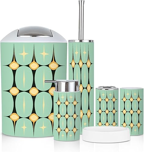 Bathroom Accessory Set 6 Piece Mid Century Vintage 1950s Modern Retro Geometric Lattice Star Trash can, Toothbrush Holder, Soap Dispenser, Soap