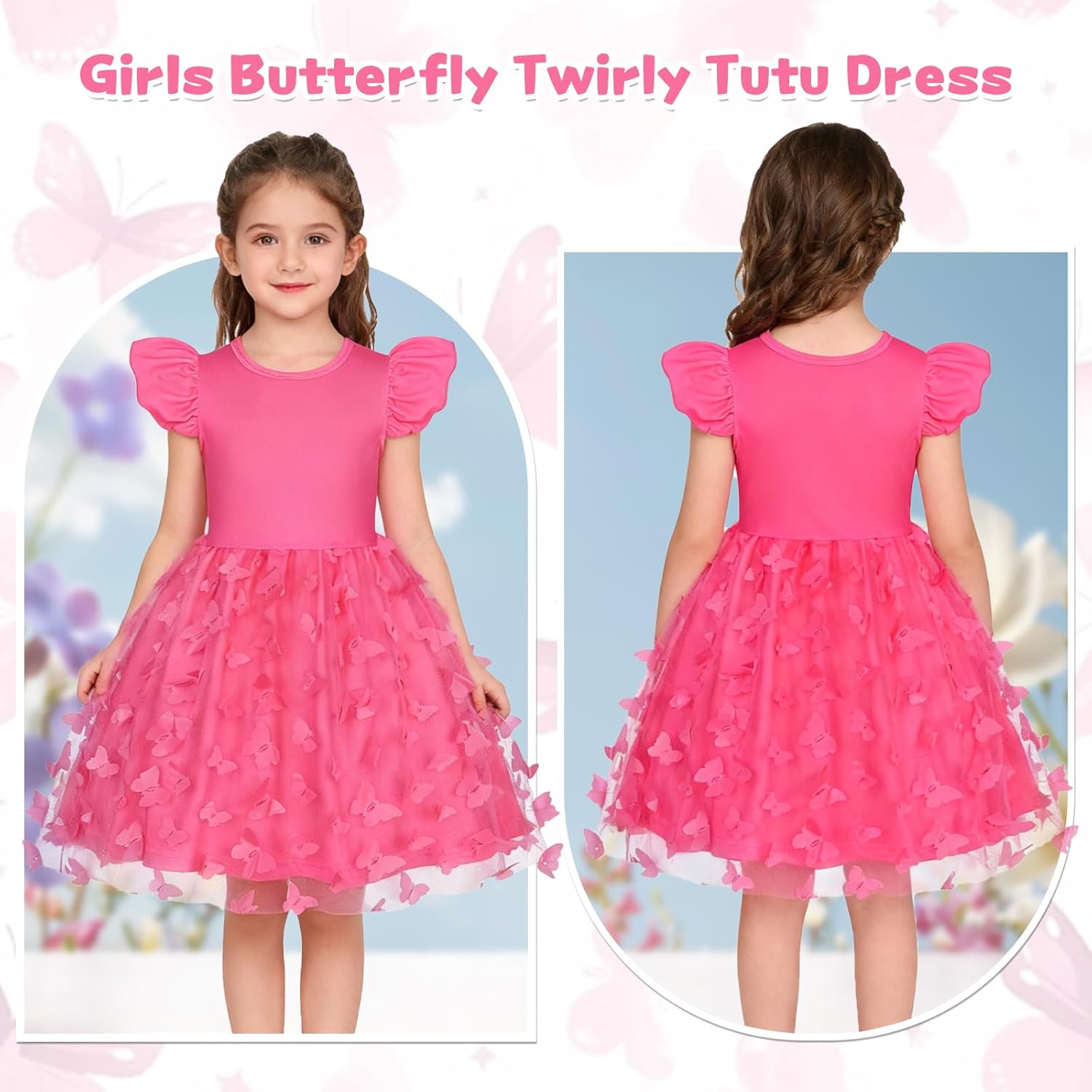 COTRIO Girls Casual Dresses Butterfly Tulle Tutu Dress Toddler Girl Skater Dress Ruffle Sleeve Swing Twirl Sundress - Image 4