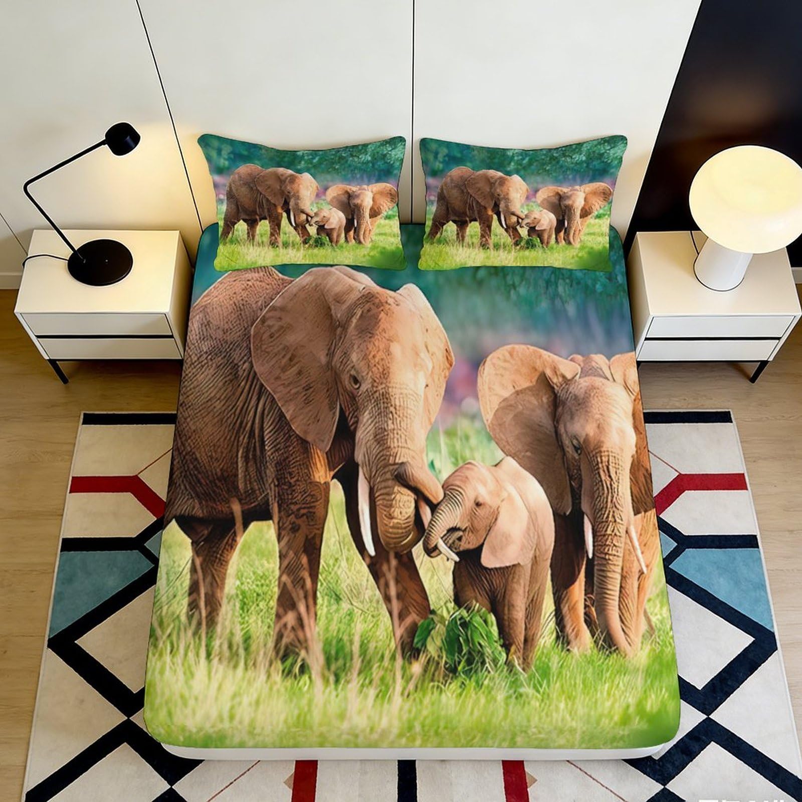 3D Printed Elephant Family Fitted Sheet Microfiber Soft Breathable Elephant Herd Bed Cover for Bedroom Dormitory Guest Room Mattress Protection 90x200x25cm