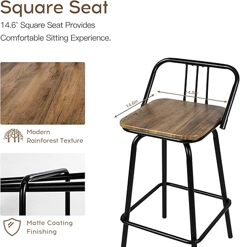Miniatura 7 de Taburetes de bar de diseño industrial con respaldo bajo, taburetes cuadrados con reposapiés, sillas giratorias de isla de cocina, juego de 2