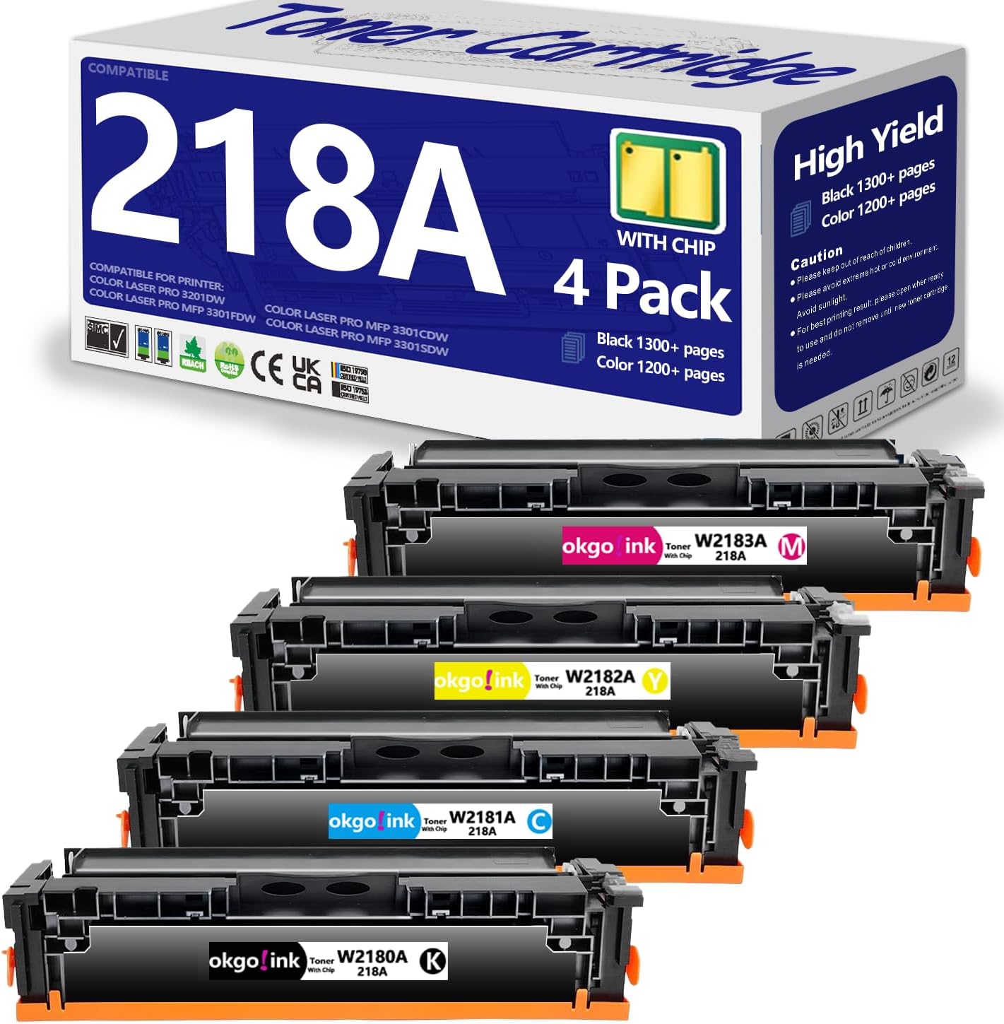 218A Toner Cartridge 4 Pack with Chip Version Compatible Replacement for hp 218 A 218X W2180A W2180X Work with Color Laserjet Pro 3201dw MFP 3301fdw 3301sdw 3301cdw Printer (Black Cyan Yellow Magenta)