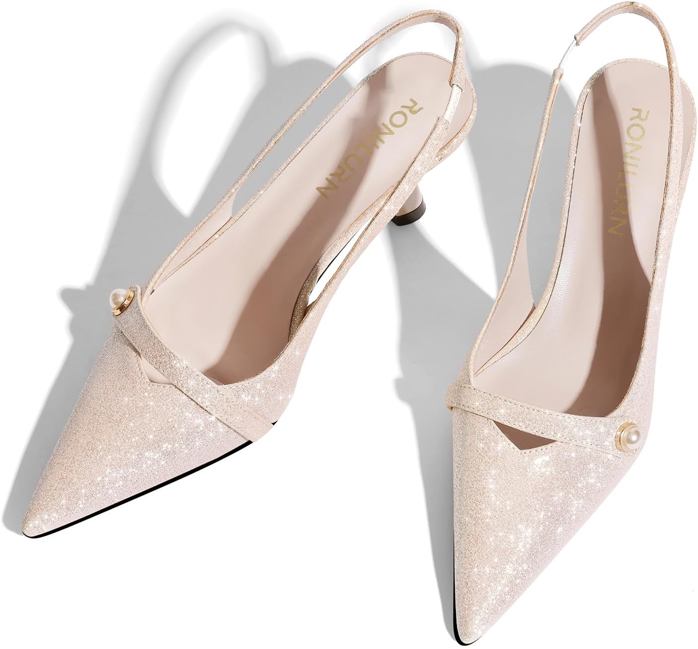 Women Kitten Heels Slingback Low Heel Pumps Dress Shoes for Women Closed Pointed Toe Pearl Heels for Work Wedding Bridal - Image 3