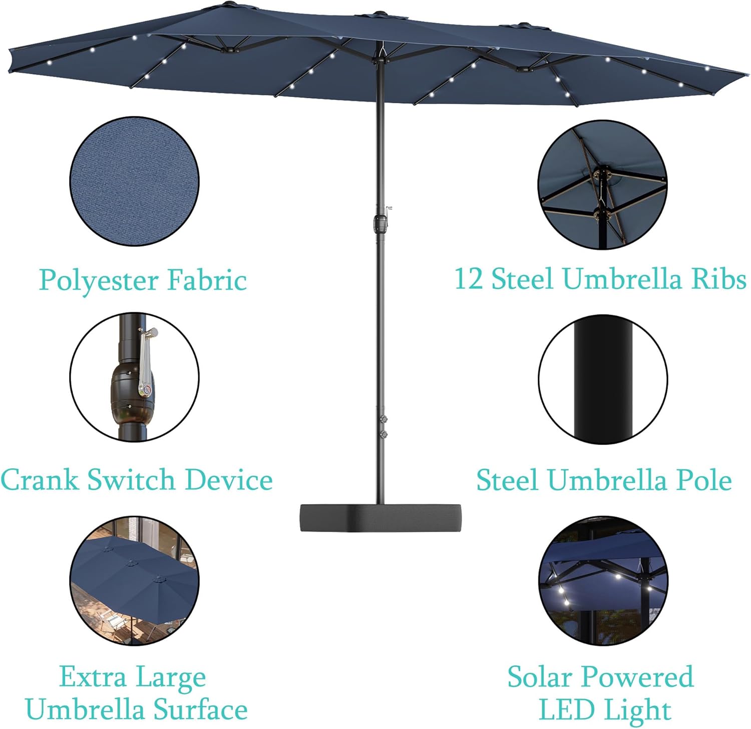 15 FT Patio Umbrella with Lights,Large Outdoor Rectangular Table Sun Parasol Umbrella with Base