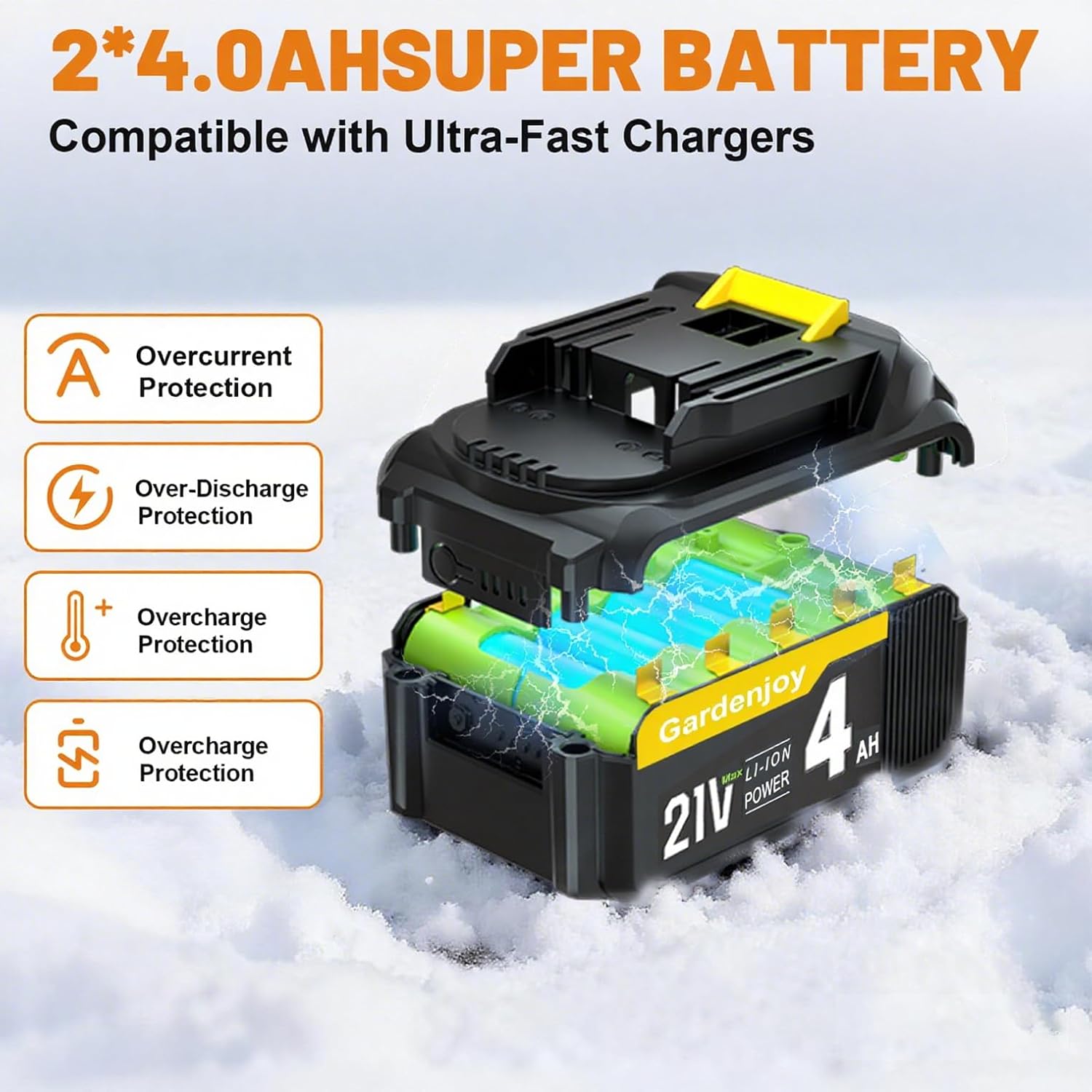 Cordless Snow Shovel, 21V Cordless Electric Snow Blower with Battery and Charger, 19FT Throw Distance, Lightweight 9.9lb for Driveway, Sidewalk, Steps, Patio(Yellow)