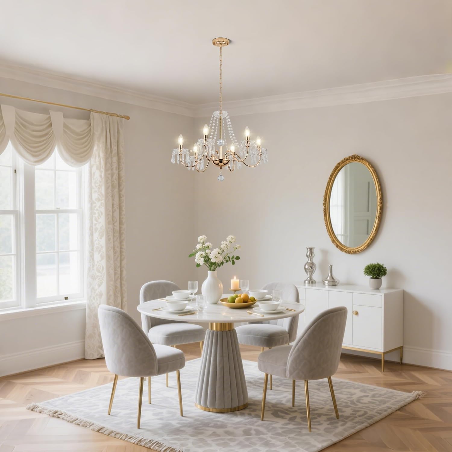 Crystal Chandelier,Gold Pendant Lighting for Living Room 6 Hanging Ceiling Fixture for Wedding,Kitchen,Dining,Foyer,H 18.5" x W 21.3"