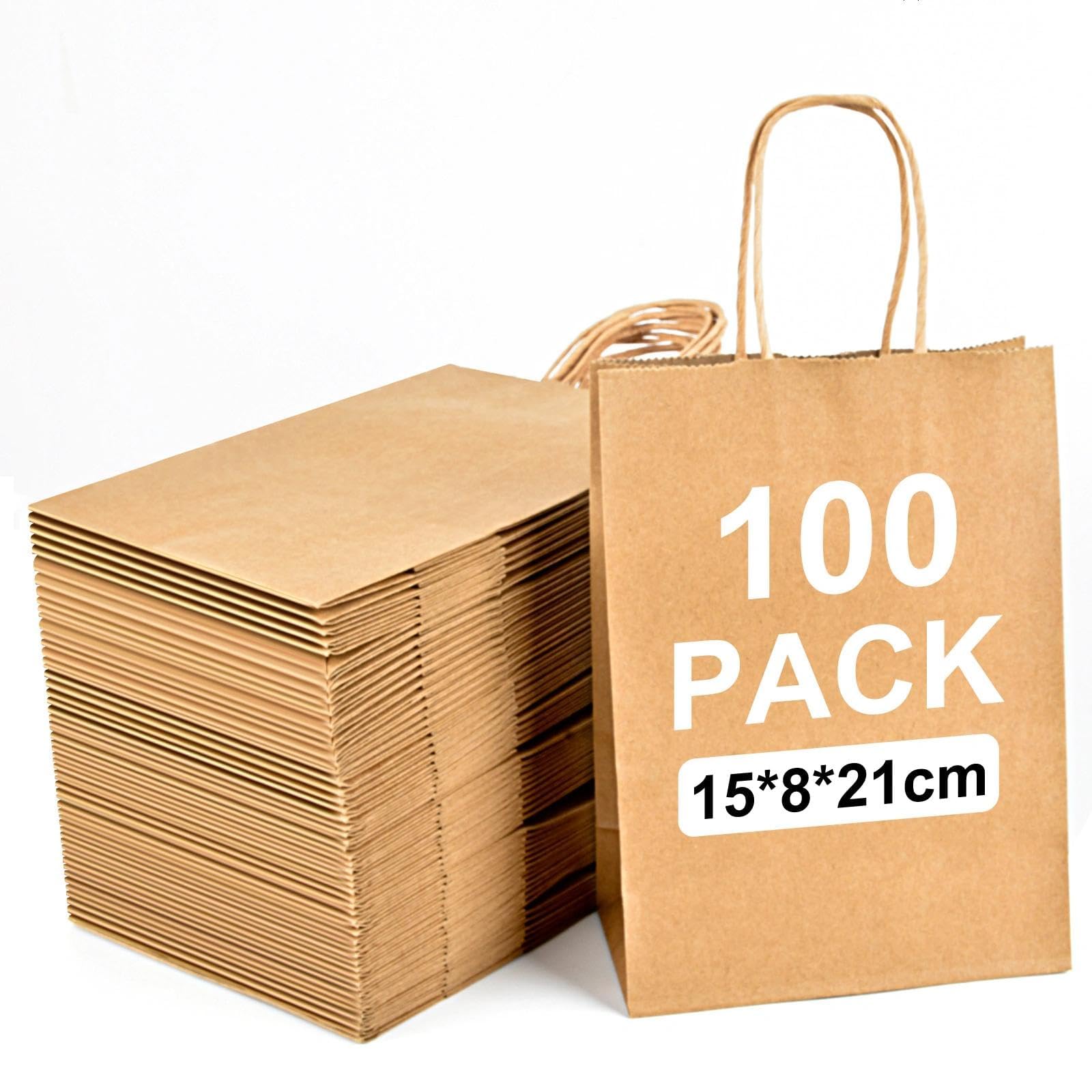 100 Pcs Brown Paper Bags With Handles, 130GSM(15×8×21cm), Eco-Friendly Kraft Gift Bags, Perfect for Gifts, DIY, Party, Shopping, Retail & Takeaway