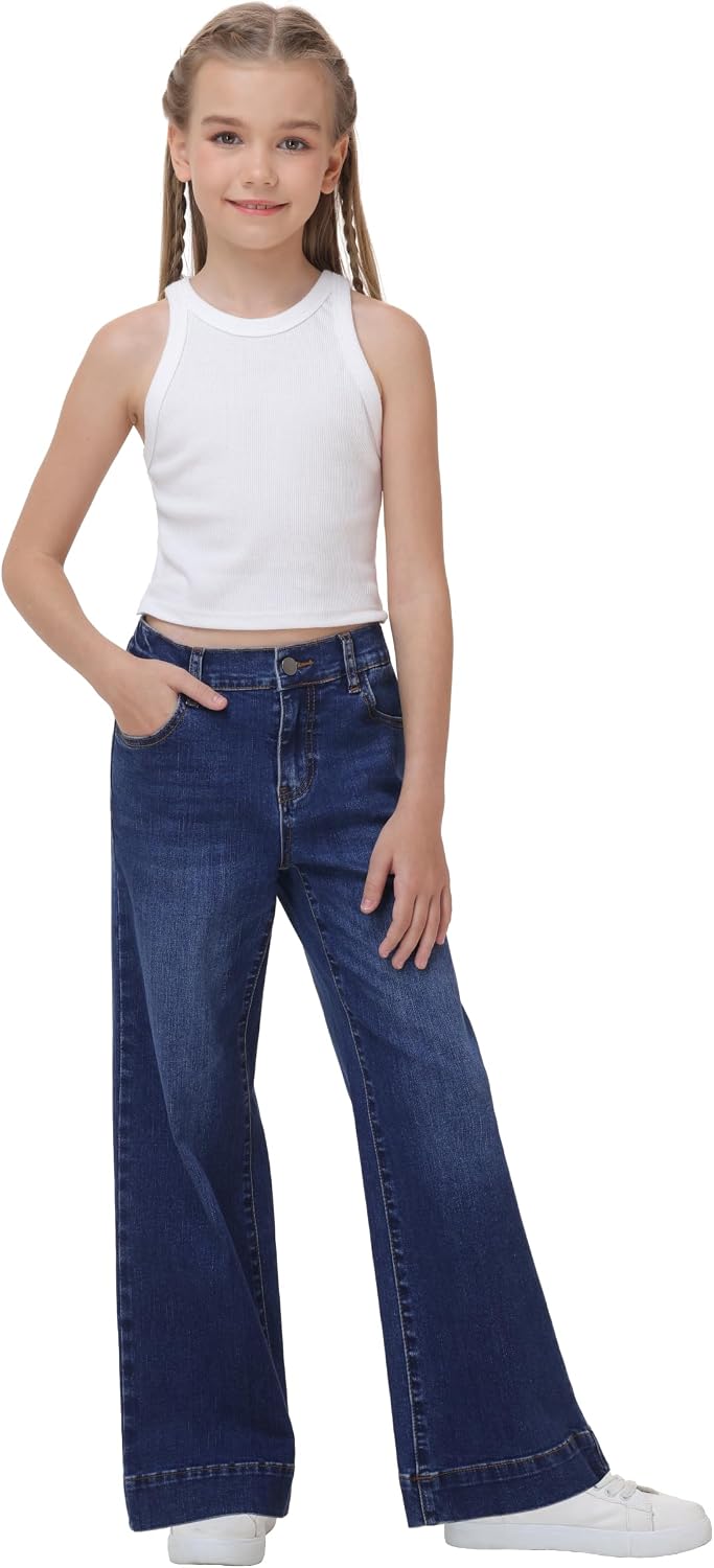 V VOCNI Girls Jeans Wide Leg Elastic Waist Stretch Denim Pants
