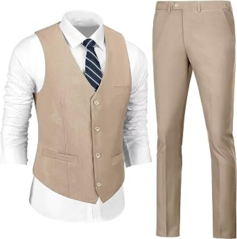 Men 2 Pcs Dress Suit Vest Pant Set Slim Fit Casual Suit Waistcoat