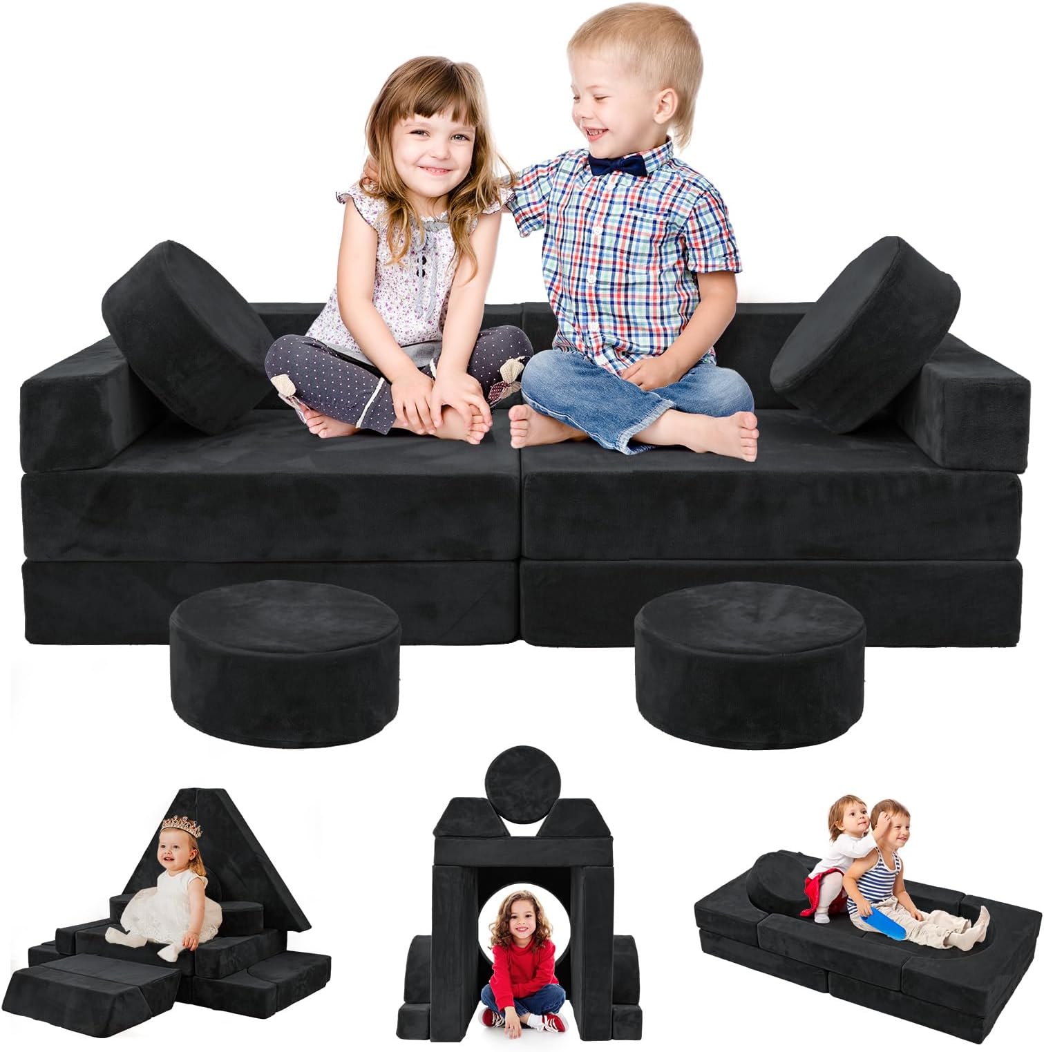 HOMFINE 16pcs Modular Kids Play Couch, Kids Toddler Couch, Child Sectional Sofa, Versatile Kid Sofa for Playroom Bedroom, Convertible Foam and Floor Cushion for Boys and Girls, Dark Grey