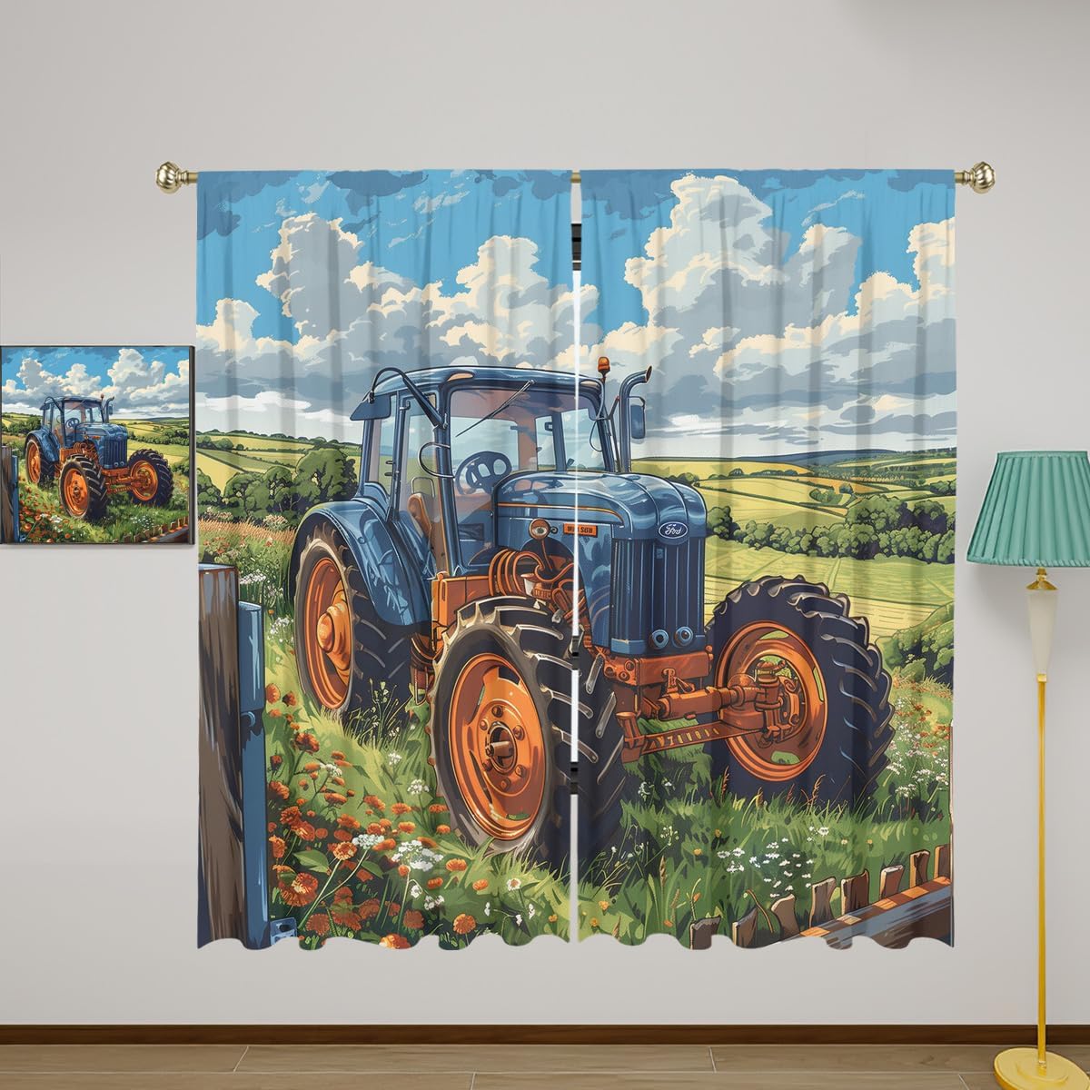 Classic Blue Tractor Blackout Curtains for Girls Boy Home Decor, Vintage Tractors Farm Wood Fence Rod Pocket Thermal Insulated Drapes Darkening Window Curtain for Bedroom Living Room, 42 x 63 Inch