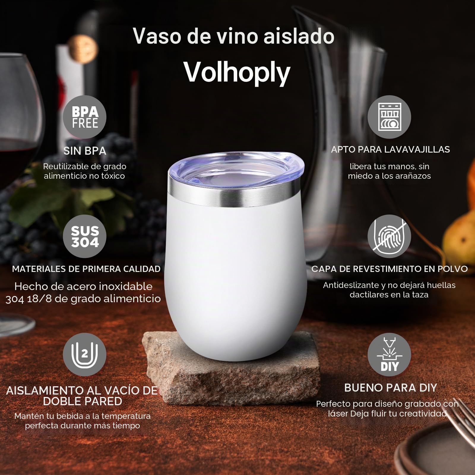 Volhoply Vaso de vino de acero inoxidable de 12 onzas con tapa a granel, paquete de 4, 350ml copas de vino sin tallo de doble pared al vacío, taza de café de viaje de metal con pajita, taza aislada