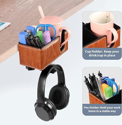 Miniatura 5 de Aurynns Soporte para tazas de escritorio con clip para bolígrafo, soporte para auriculares, gancho giratorio de abrazadera debajo del escritorio