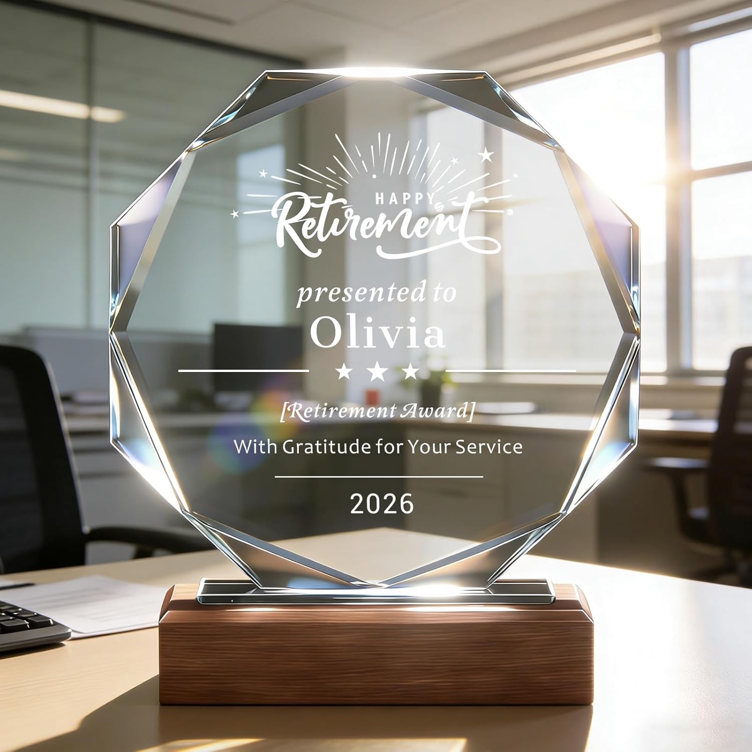 SHIP NEXT DAY, Personalized Crystal Award Trophy - Custom with Company Logo Text & Employee Name, Engraved Award for Corporate Recognition, Years of Service, Leadership, Employee Appreciation (Style 01)