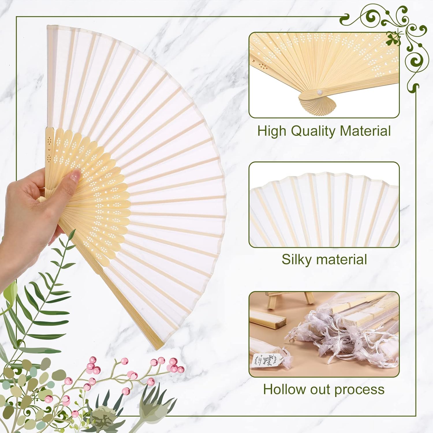 Geetery 24 Sets Wedding Fans for Guests Bamboo Handheld Folding Fan with Thank Cards and Gift Bags for Bridal Shower Dancing Church Home Favors