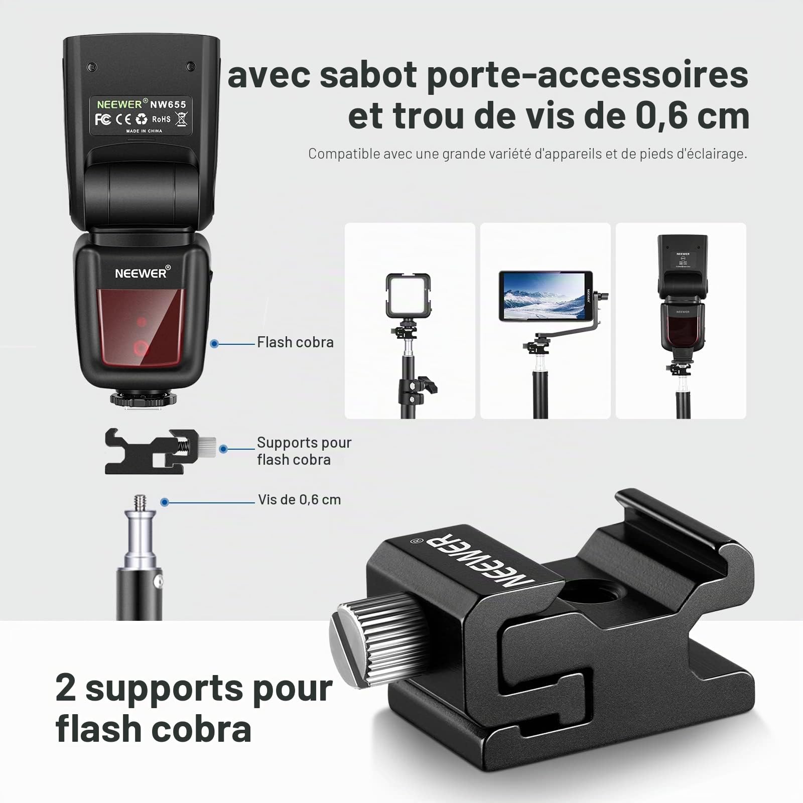 NEEWER 8 PCs Adaptateur de Montage de Chaussure Chaude, y Compris Triple Cold Shoe Mount, Adaptateur à vis 1/4", Support de Flash et Couvercle de Sabot pour Caméra de DSLR,lumière LED, Microphone,etc