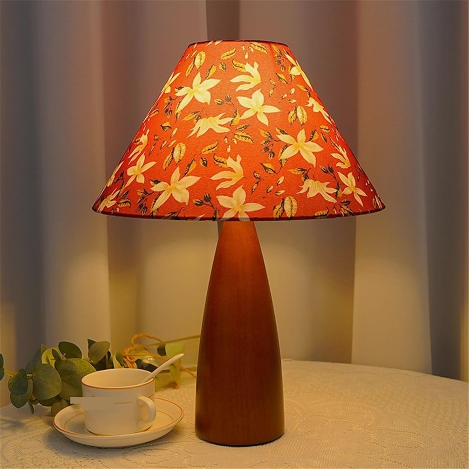 Lampa stołowa Lampa stołowa ozdobiona kwiatami retro, drewniana, nocna, sypialniana, trójkolorowa, zmieniająca światło