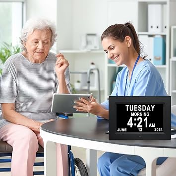 Dementia Clock Digital Day Calendar - 12 Alarm Options,Extra Large Non-Abbreviated Day & Month Memory Loss Clock for Vision Impaired, Elderly, Alzheimer, Good Gifts for People with Dementia