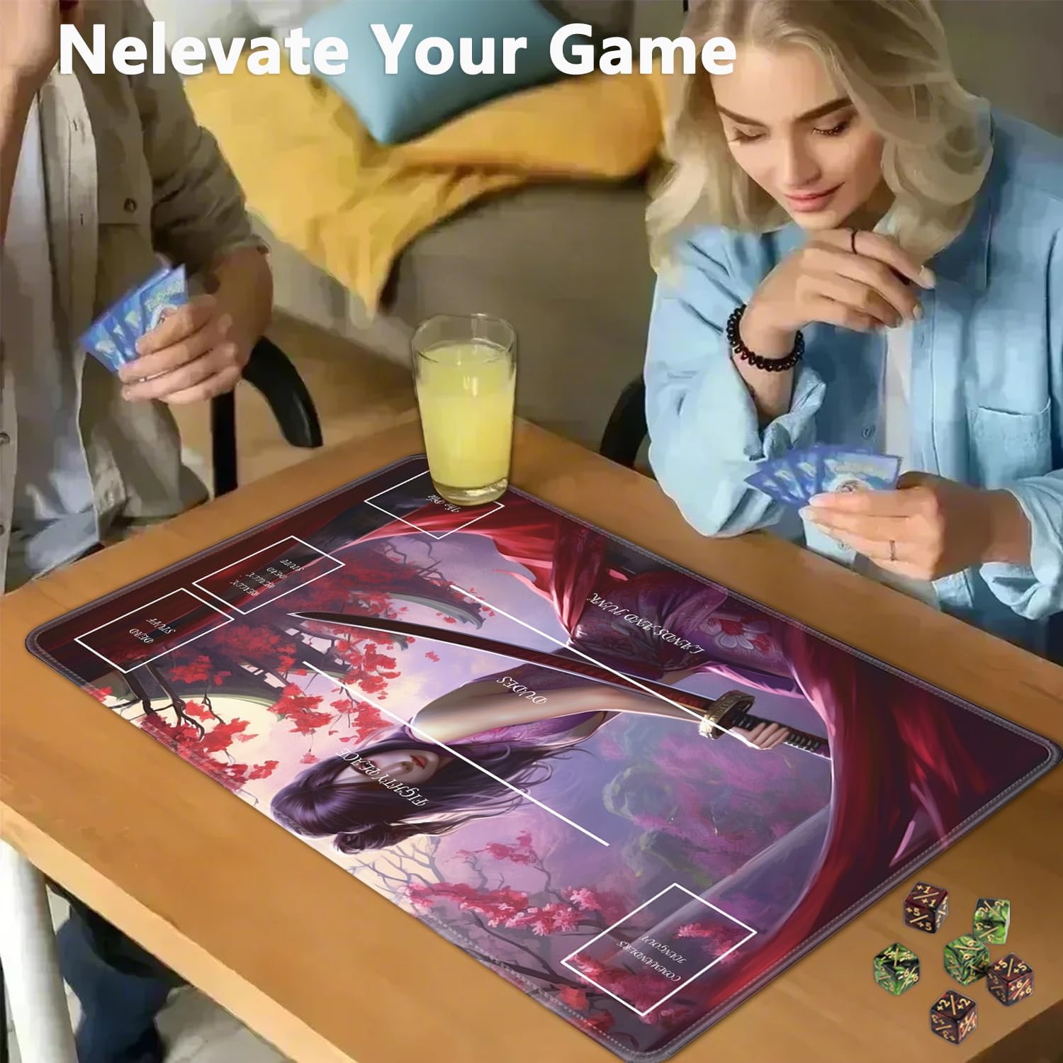 JVGFYNKL for MTG Playmat, 24 x 14 in for TCG Playmat with Zones,Trading Card Game Playmats with Storage Bag and 6 Dice, Smooth Surface for MTG Table Mat, Anime Girl