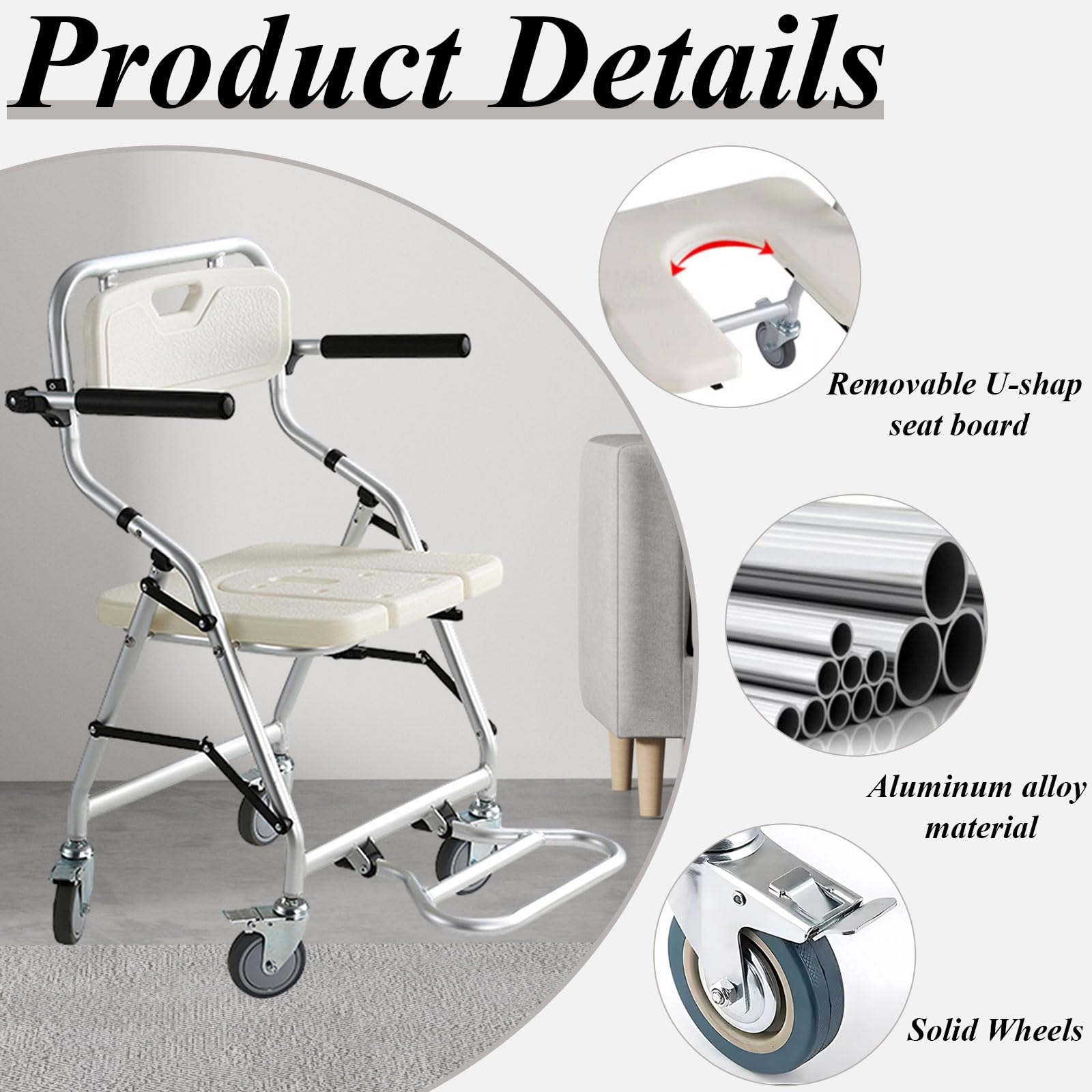 Silla para Ducha para Personas Mayores | Silla de Ducha con Ruedas Plegable de Aluminio, Silla de Baño para Minusvalidos y Mayores, Carga: 120kg