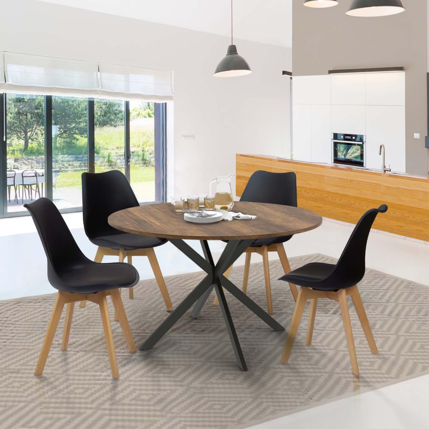 IDMarket - Mesa à Manger Ronde ALIX Plateau Hawkins 4-6 personas pied araignée Bois Foncé et Noir 110 cm