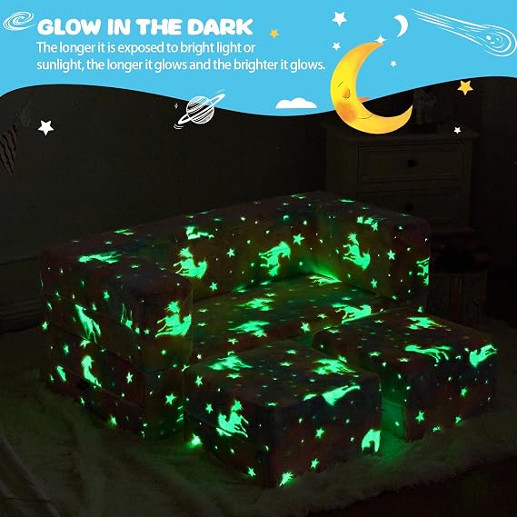 Kids Couch Sofa Modular Toddler Couch, Glow in The Dark Sofa 3 in 1 Fold Out Kids Sofa with Washable and Durable Covers for Boys, Rainbow Unicorn