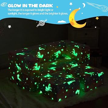 Kids Couch Sofa Modular Toddler Couch, Glow in The Dark Sofa 3 in 1 Fold Out Kids Sofa with Washable and Durable Covers for Boys, Rainbow Unicorn