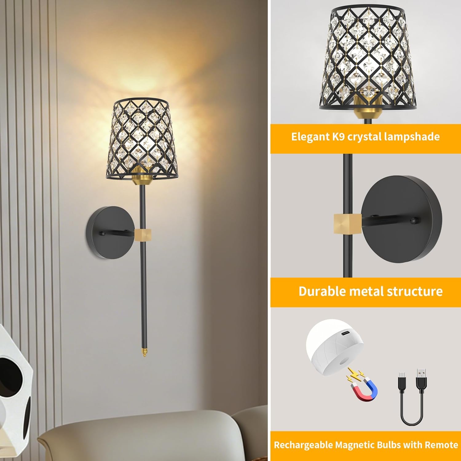 Crystal Battery Operated Wall Sconces Set of 2, Black and Gold Rechargeable Wireless Wall Sconce Lights for Home Decor, Dimmable 12 RGB and 3CCT Wall Lamps with Remote for Living Room Bedroom Hallway