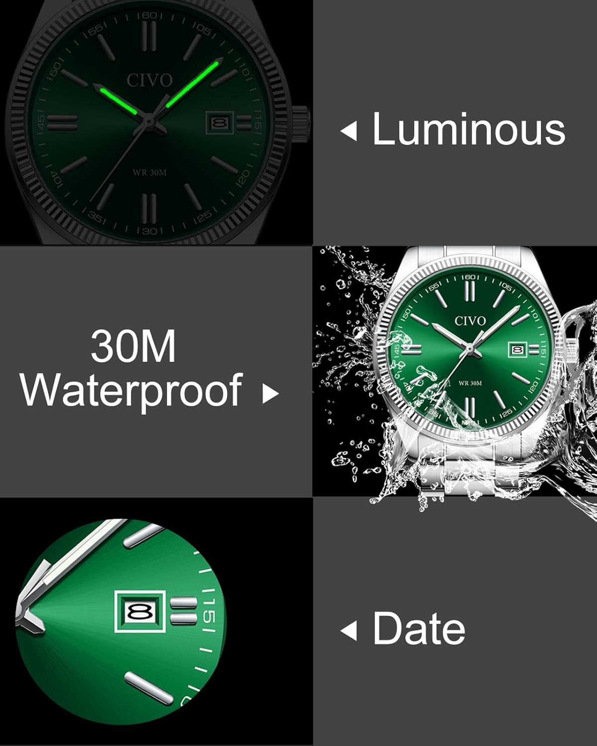 CIVO Analog Mens Watches Silver: Wrist Watches with Date Easy to Read - Dress Stainless Steel Watch for Men Gifts for Husband Father at Birthday Anniversary Silver Green S1 image 2 of 8 B0F2455P5N