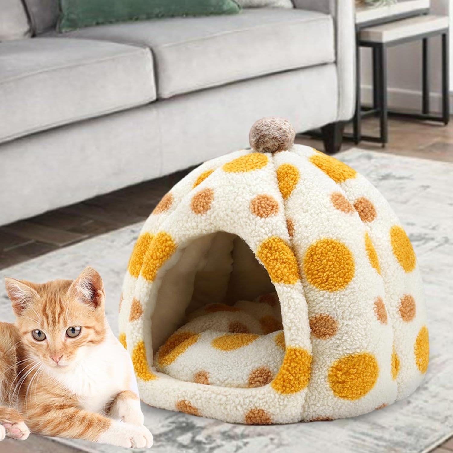 review Semi Enclosed Cat Bed Pet Bed with Removable Washable Cushion Anti Slip Bottom Soft Dog Bed Winter Puppy Bed for Indoor Cats, Yellow M